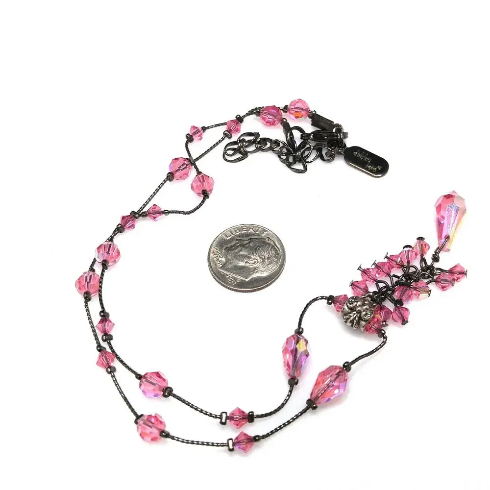 Dabby Reid Pink Swarovski Crystal Necklace, AB Beads, Dark Chain Vintage Jewelry